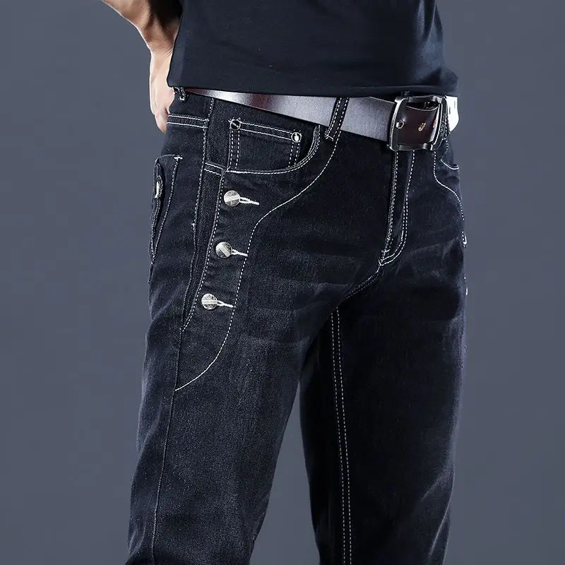 Stylish Black Luxury Men's Korean Streetwear Punk Fashion Comfortable Stretch Jeans Slim Fit Straight Leg Casual Denim Pants