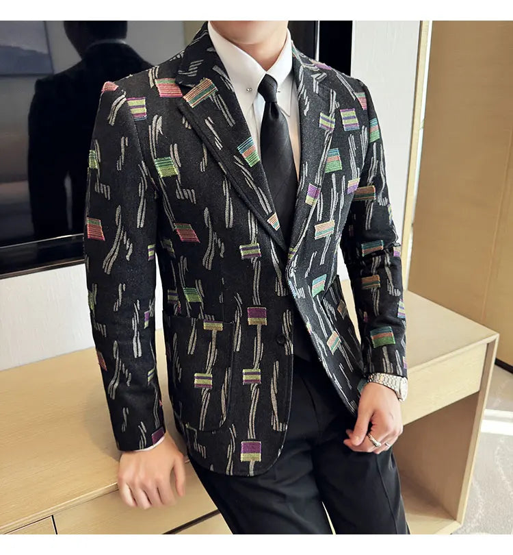 2025 New Luxury Denim Jacquard Suit Coats Men Fashion Slim Fit Suit Casual Business Party Coat Uniform Wedding Social Tailcoat