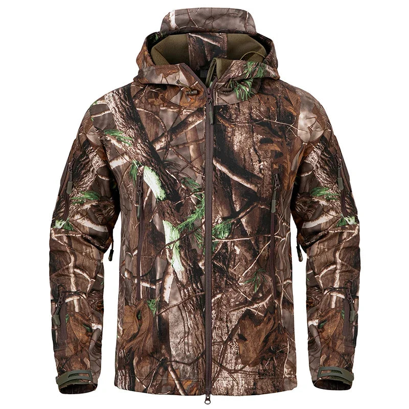 Men's Silent Camouflage Hunting Jacket Waterproof Fleece Tactical Jackets Soft Shell Outdoor Hiking Fishing Hooded Coat