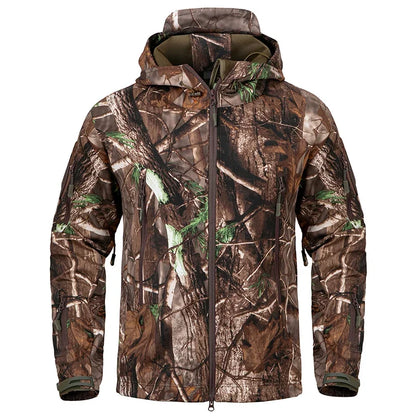 Men's Silent Camouflage Hunting Jacket Waterproof Fleece Tactical Jackets Soft Shell Outdoor Hiking Fishing Hooded Coat