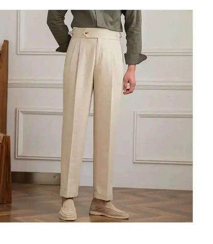 Linen Cotton High Waist Straight Casual Pants Men Versatile Naples Gentleman Pleated Pants High Quality Italian Dress Trousers