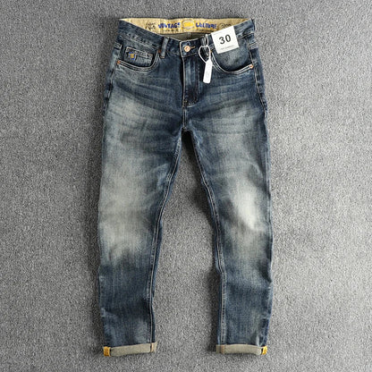 Embroidery embellished white to do old American vintage jeans men slim small straight leg fashion all-match youth pants