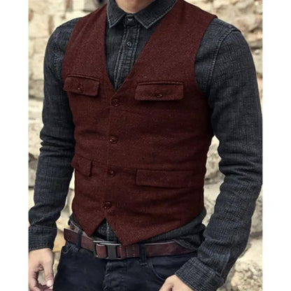 Men Vest V Neck Classic Steampunk Suit Wool Tweed Notch Lapel Thick Tweed For Wedding Groom Banquet Waistcoat