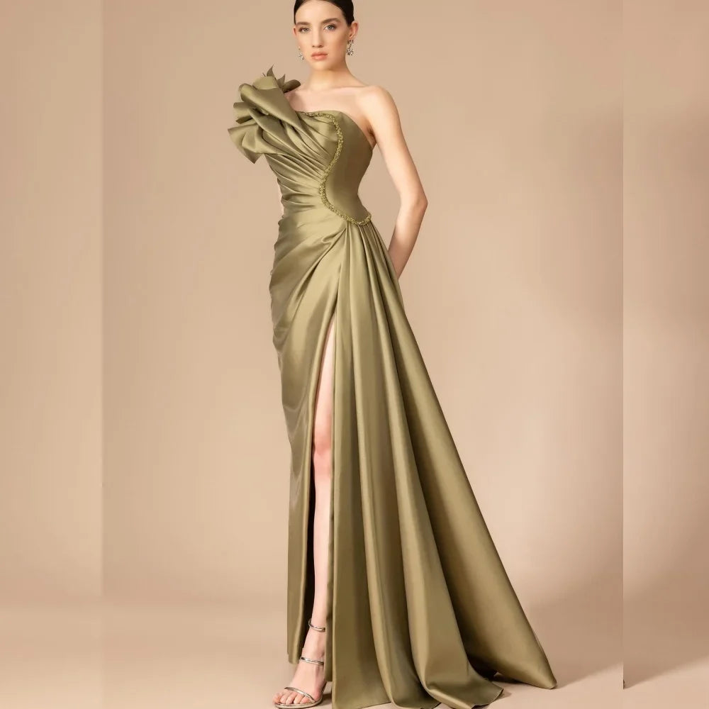 Customized Modern Style Pleat A-line One-shoulder Long Dresses Homecoming Dress High Quality Sexy Sparkle Sizes Available Intr