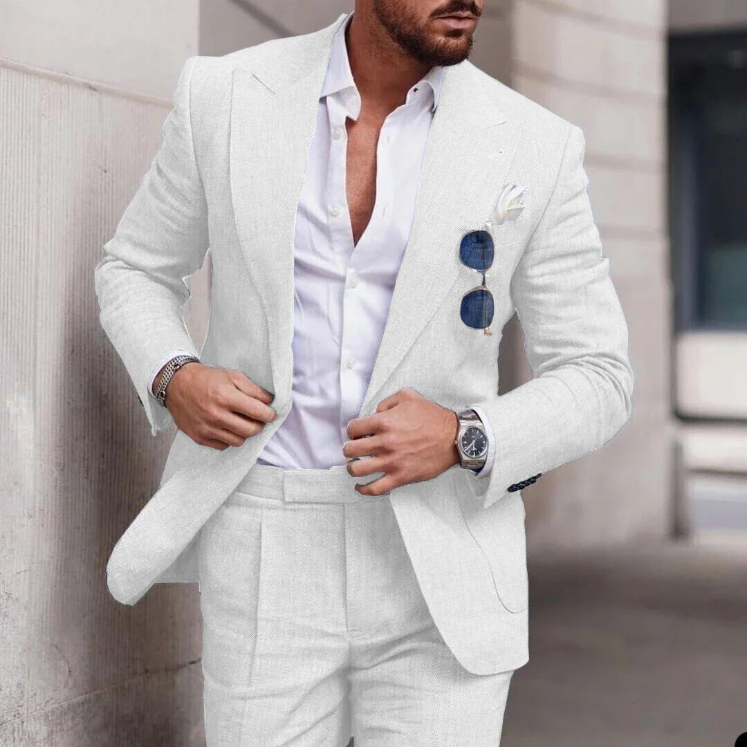 Men's 2 Piece Linen Suit Slim Fit Notch Lapel Casual Blazer Jacket & Trousers Business Wedding Party Formal Dress Set for Men