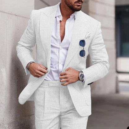 Men's 2 Piece Linen Suit Slim Fit Notch Lapel Casual Blazer Jacket & Trousers Business Wedding Party Formal Dress Set for Men
