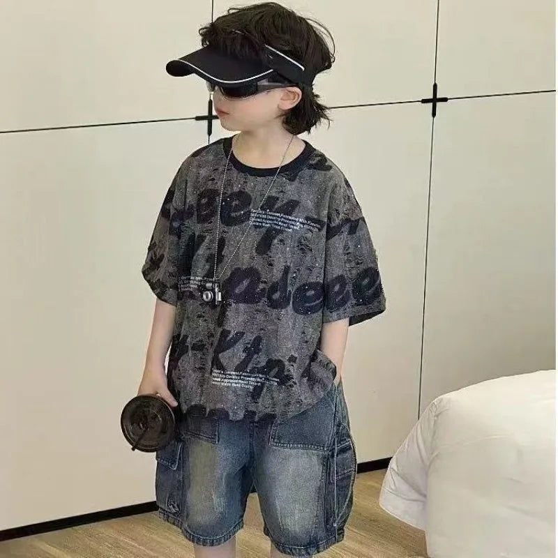 Cute Boys Distressed Letter Print Short Sleeve T-Shirt Summer 2026 Loose Fit Kids Sizes 12-16