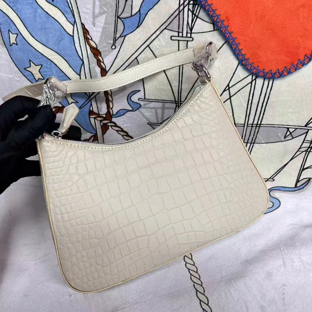 100% genuine real crocodile leather head skin women tote handbag Himalaya white color 2025 new design excellent skin lady tote