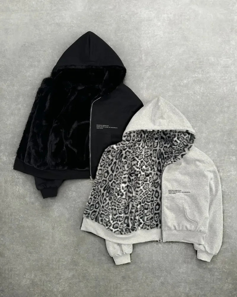 Hip-hop New Two-sided Clothing Harajuku Retro Leopard Print Fashionable Loose Zipper Hoodie Men Street Casual Sweatshirt Women