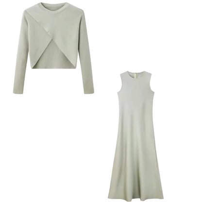 Summer Women Fashion Long Dress Elegance Soft Silk Satin Vest Dress Knitted Top Match Set Maxi Length Woman Chic Dress Set