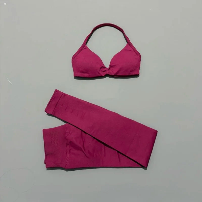 2 Piece Sports Set Women Yoga Backless Halter Bra High Waist Scrunch Seamless Pants Sport Suit Gym Sportswear Workout Set