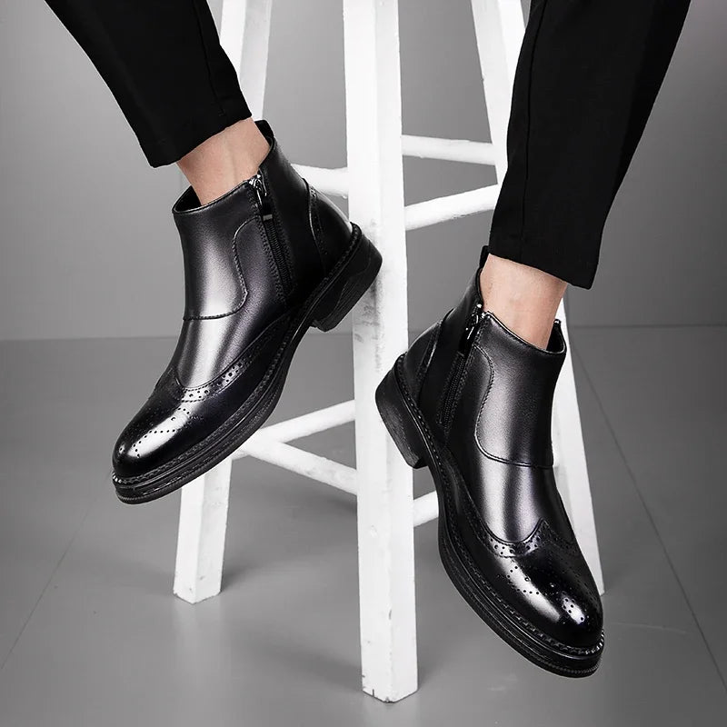 Male Winter Shoes Plush Warm Shoes Fashion Zipper Men's Basic Boots British Style Business Shoes Genuine Leather Chelsea Boots
