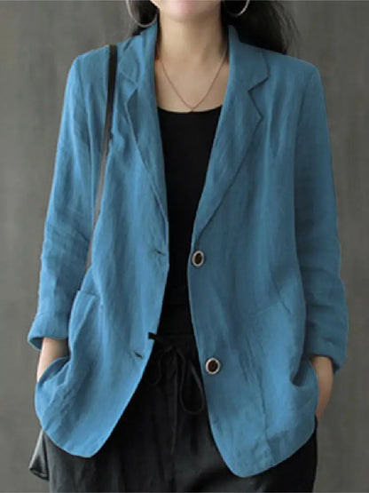 Women Lapel Neck Long Sleeve Blazer Autumn Vintage Casual Solid Cotton Blazer Elegant Cardigan Thin Coats Work Suits