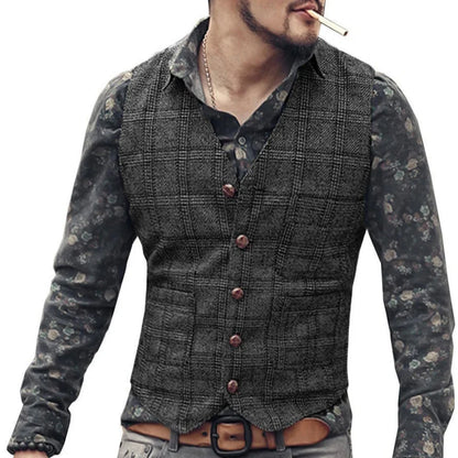 Men Vest Gray Checkered Single Button V Neck Waistcoat For Wedding Party Prom Business Work Office Daily Casual Men Suit Vest