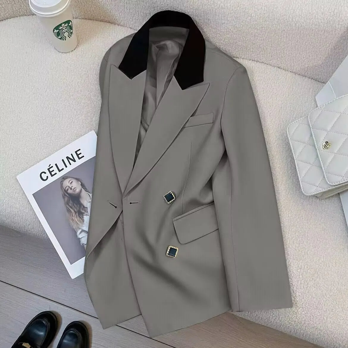 Spring Women's Suit Jacket Fashionable Korean Design Commute Style Long Sleeve Polyester Blend Urban Windbreaker