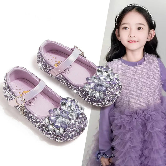 Girls Crystal Slip-On Shoes Soft Bottom Rhinestone Princess Flats Spring Autumn New Style Kids Lightweight Sweet Leather Shoes