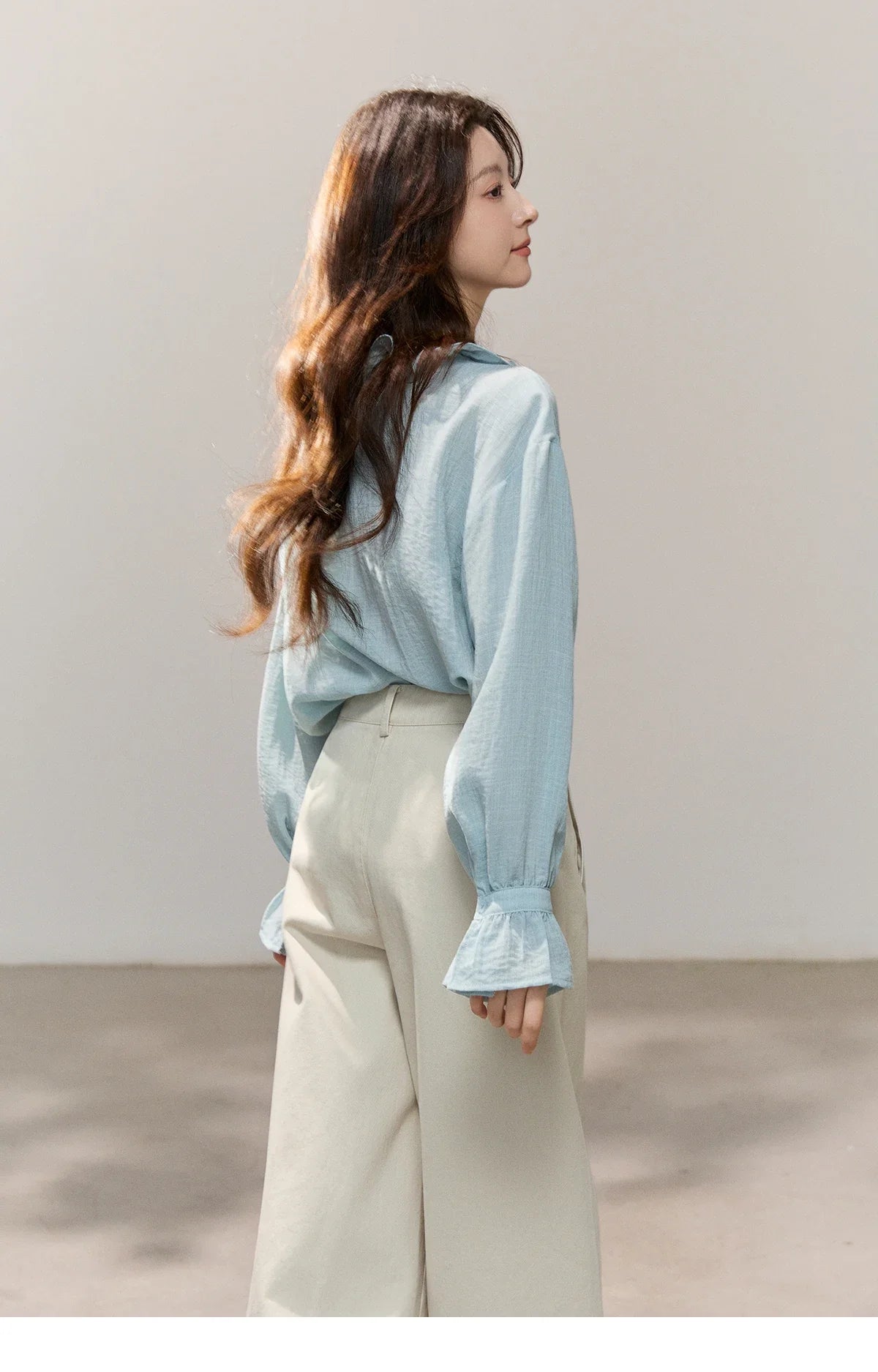 Women's Asymmetric Ruffled V-neck Shirt Spring Light Blue Floral Applique Ruffle Cuffs Top Elegant Loose Shirt MXF14C2448