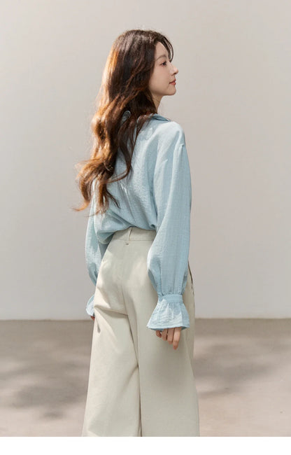 Women's Asymmetric Ruffled V-neck Shirt Spring Light Blue Floral Applique Ruffle Cuffs Top Elegant Loose Shirt MXF14C2448
