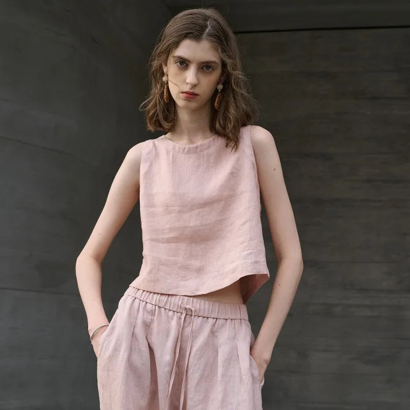 100% Linen Reversible Wear Crop Tops Women Solid Color Summer New Office Ladies Vest Casual Simple Sleeveless Tank Top