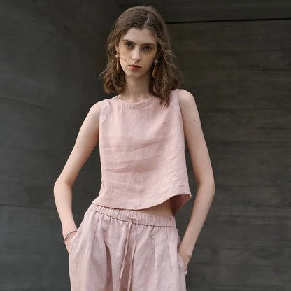 100% Linen Reversible Wear Crop Tops Women Solid Color Summer New Office Ladies Vest Casual Simple Sleeveless Tank Top