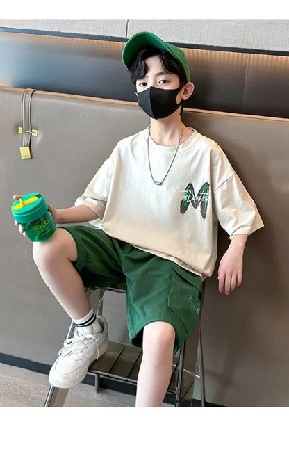 Summer Boys Cotton Leisure Loose Contrast Alphabet T-Shirt Top+Shorts Pant Set School Kids 2PCS Tracksuit Children Outfit 5-16Yr