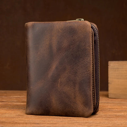 Handmade crazy horse leather wallet retro vertical zipper wallet first layer cowhide simple old wallet man