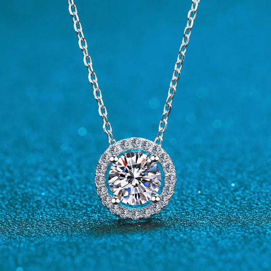 0.3-2.0CT Certified Moissanite Necklace for Women Classic Rond Cut Halo Brilliant Moissanite Pendent 925 Silver Platinum