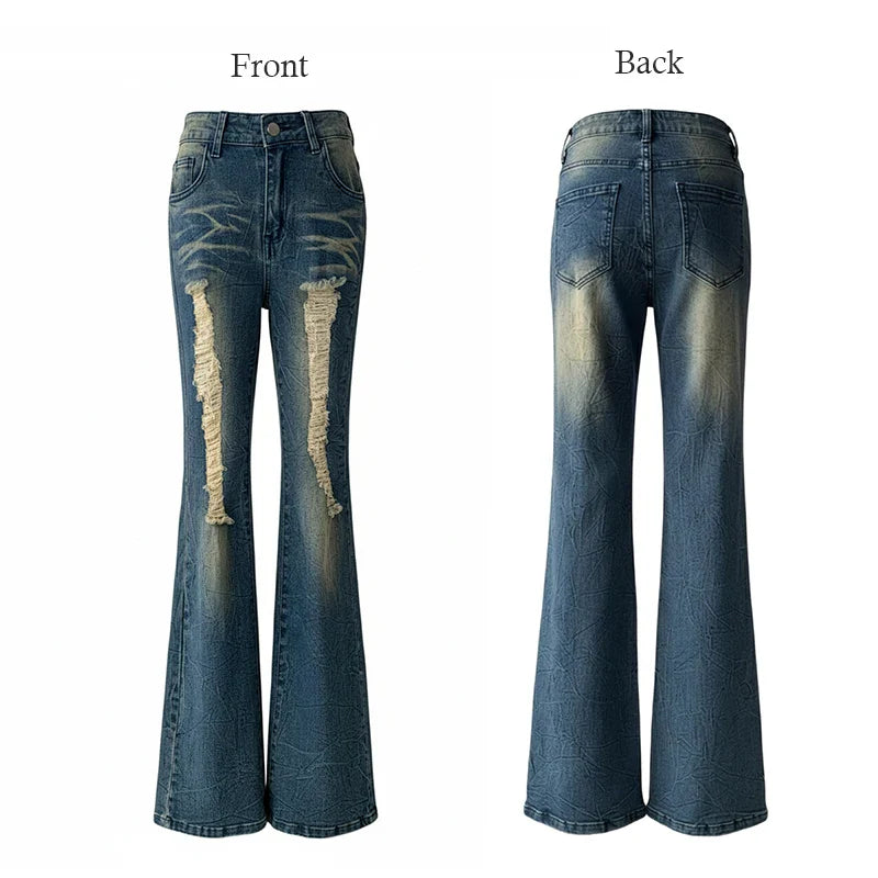Low Waist Skinny Jeans for Women Vintage Distressed Destroyed Holes Stretchy Denim Boot Cut Pants Y2k Gyaru Streetwear