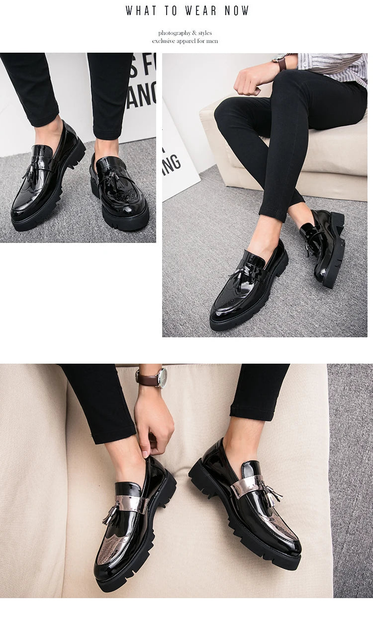 Fashion Golden Men's Casual Slip-On Tassel Patent Loafers Thick Bottom Elevator Shoes Men's Party Shoes Business Shoes Brogue