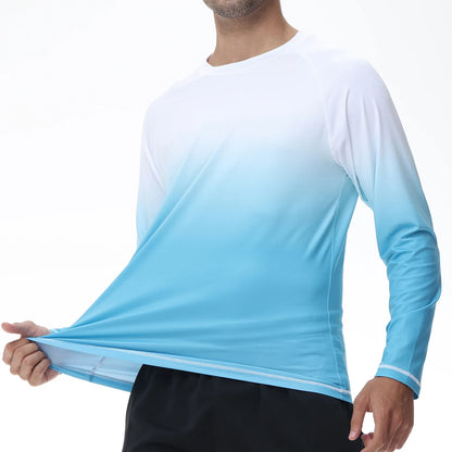 Summer Men's Long Sleeve T-Shirt UPF 50+ Rash Guard Gradient Shirt for Sport Fishing Hiking Workout Outdoor Pullover Shirt
