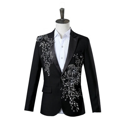 Men White Appliqued Blazer Masculino Chinese Red Costume Homme Pour Mariage Stage Wear