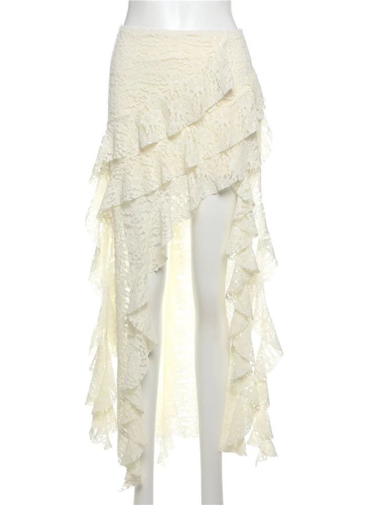 Women Tassel Skirt Irregular Hem Multi Layered Ruffles Lace Patchwork Sweet Summer Daily Wear Skinny Versatile Purple Skirt