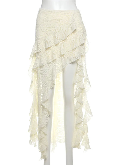 Women Tassel Skirt Irregular Hem Multi Layered Ruffles Lace Patchwork Sweet Summer Daily Wear Skinny Versatile Purple Skirt