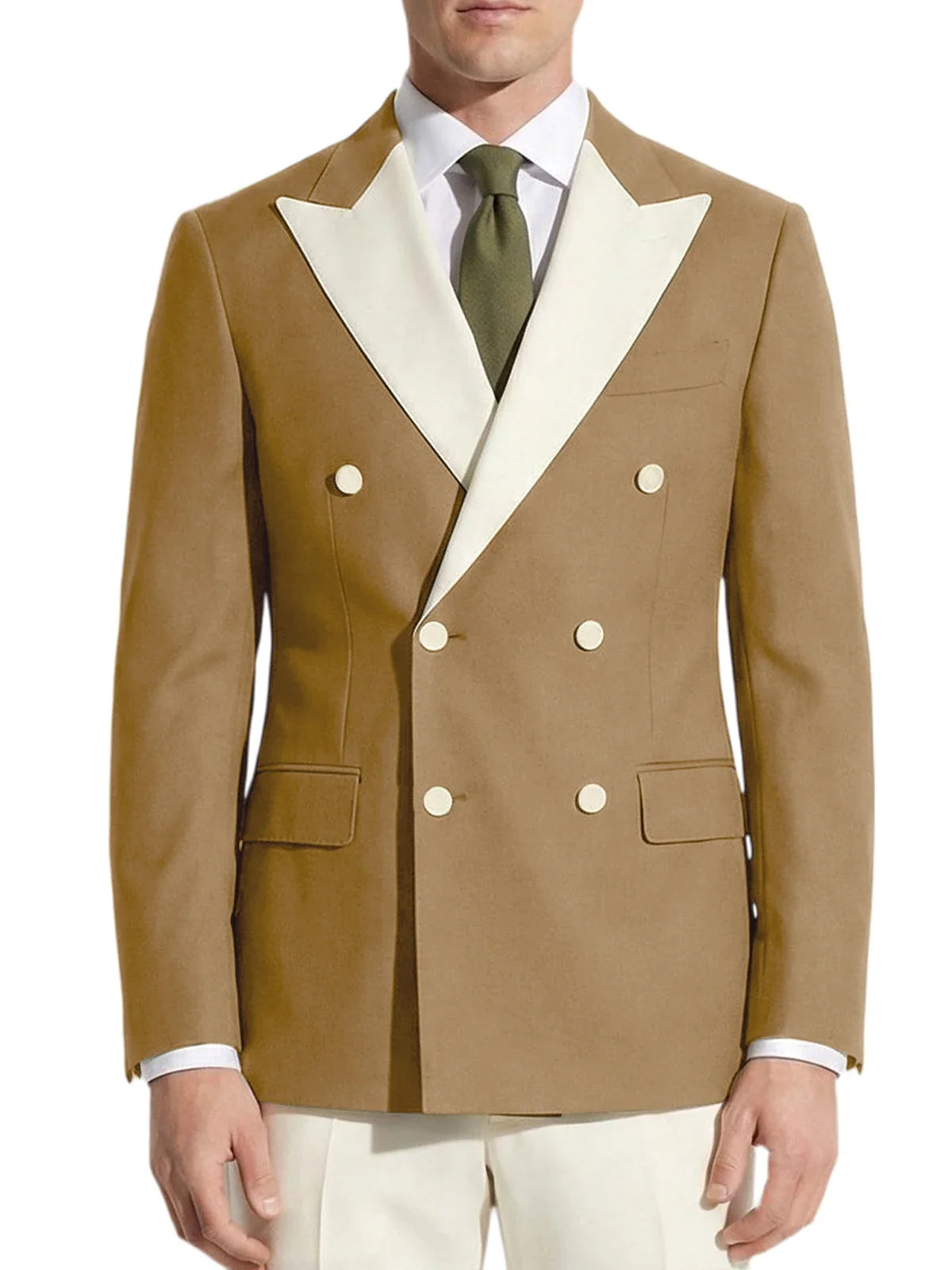Classic Men's Tuxedo Jacket White Peak Lapel Patched Double Breasted Slim Fit Blazer for Business Formal Wedding Groom Prom Coat