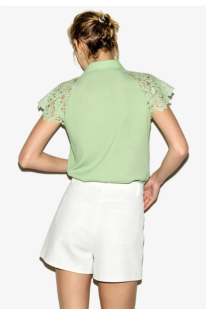 Women Shirt 2026 Summer New Lace Patchwork Lapel Collar Dolman Sleeve Blouse Loose Mid Length Office Cotton Shirt 12642040
