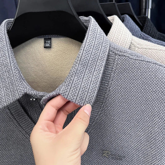 Winter Men's Vacation Two-piece Thick Woolen Sweater with A Warm Collar and Knitted Polo Base for Middle-aged and Elderly People