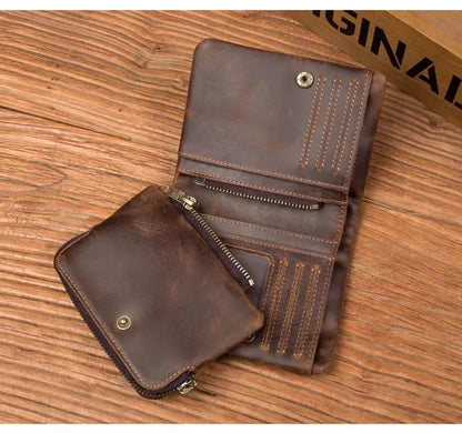 Handmade crazy horse leather wallet retro vertical zipper wallet first layer cowhide simple old wallet man