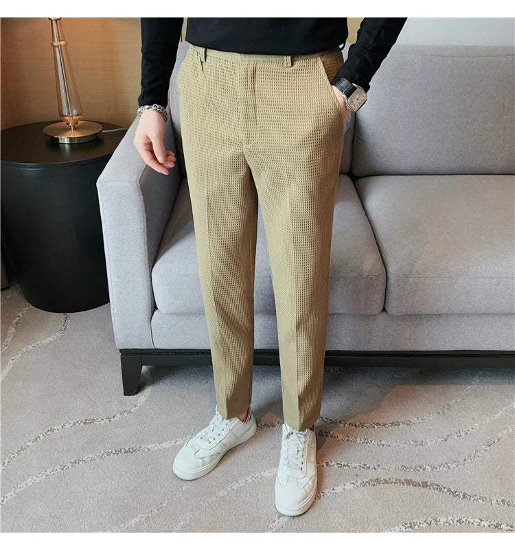 2024 Autumn New Waffle Stretch Waist Business Formal Pants Men Fashion Wedding Slim Trouser Mens Brand Social Party Suit Pants