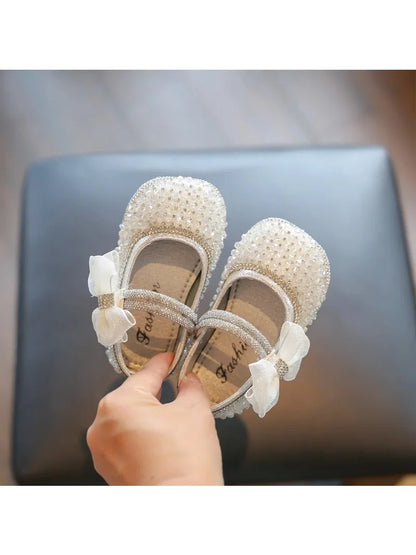 Girls Walking Shoes Lace Mesh Bows Kids Princess Shoes Non-slip Shiny Sequins 2025 New Children Flat Shoes Soft Sole Non-slip