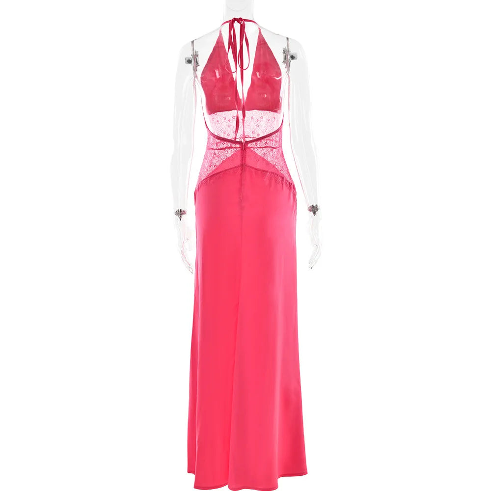 Sexy Deep V-neck Backless Lace Patchwork Satin Dresses for Women 2026 Summer Halter Sleeveless Long Maxi Party Evening Dress