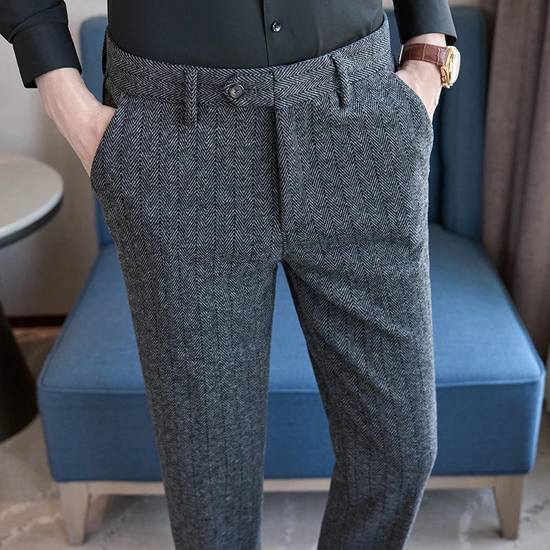 2025 Autumn Winter New Stripe Woolen Cloth Suit Pants Men Thick Warm Fashion Business Casual Male Straight Formal Trousers