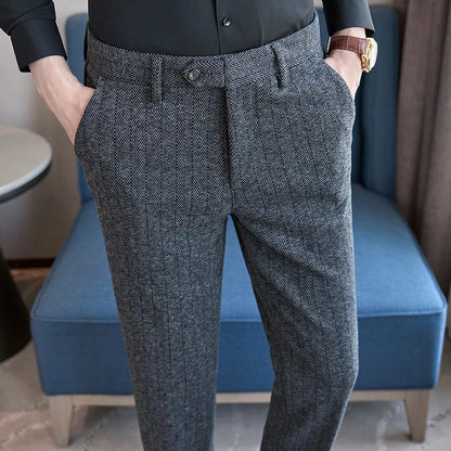 2025 Autumn Winter New Stripe Woolen Cloth Suit Pants Men Thick Warm Fashion Business Casual Male Straight Formal Trousers