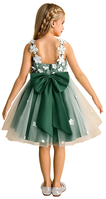 Snvdzo Princess Girls Lace Flower Girl Dress 3D Floral Sleeveless Tulle Princess Wedding Pageant Party Dresses 2026 with Big Bow