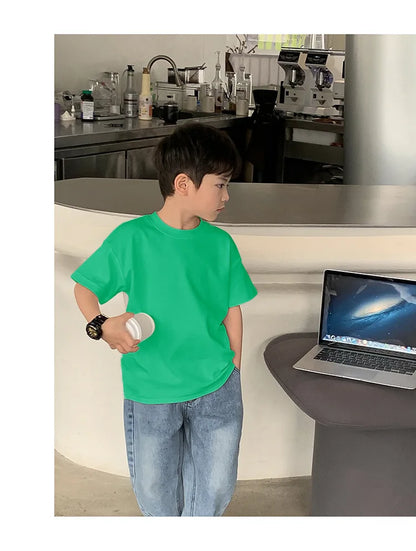 Summer Casual School Kids Cotton Plain Tee Tops Baby and Boys Short-Sleeved T-Shirt Children Outfit Clothing 1-16 Years
