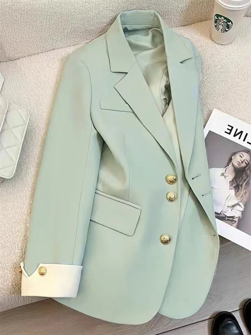 Mint Green Women Blazers 2025 Spring New Jackets Single Breasted Unique Cuff Design Notched Casual Suit Jacket Fashion Lady Coat