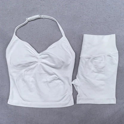 2 Pieces Yoga Set Women Backless Halter Tops High Waist Seamless Shorts Gym Suit Fitness Clothes Sportswear Workout Sets