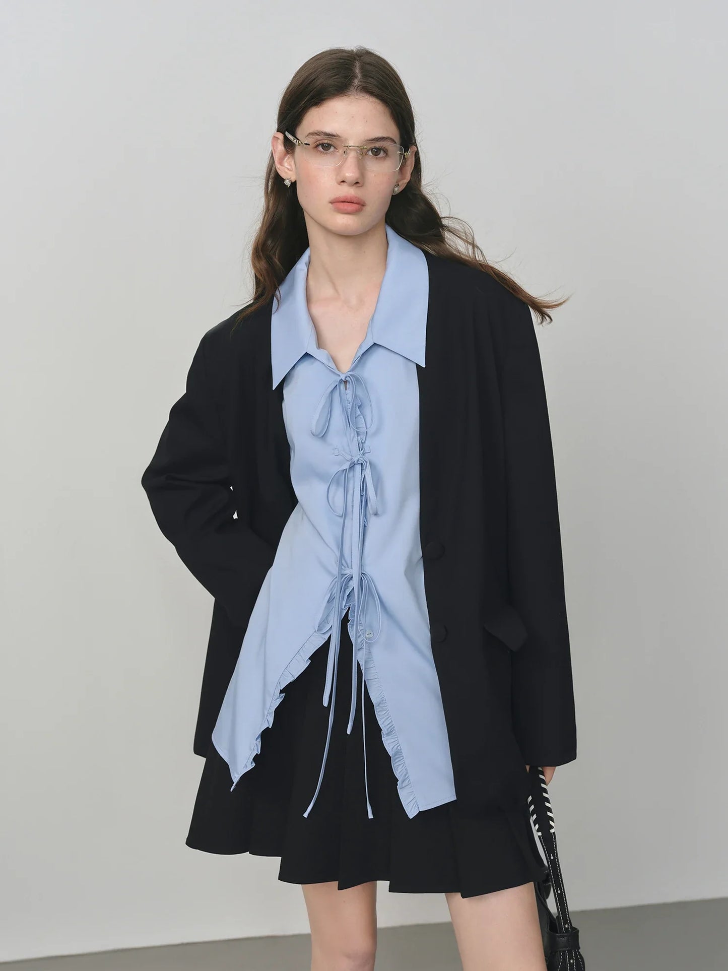 Elegant Collarless V-Neck Oversized Blazer with Sash for 2025 Autumn New Arrival Blazer Suits Coat 25FS13214