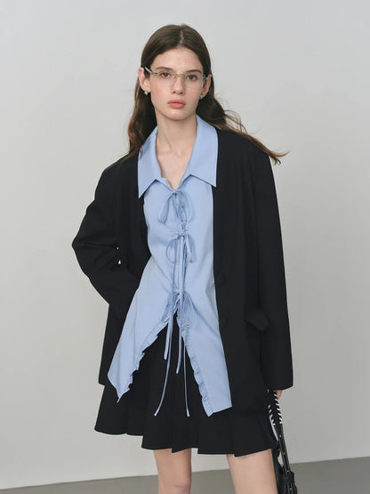 Elegant Collarless V-Neck Oversized Blazer with Sash for 2025 Autumn New Arrival Blazer Suits Coat 25FS13214
