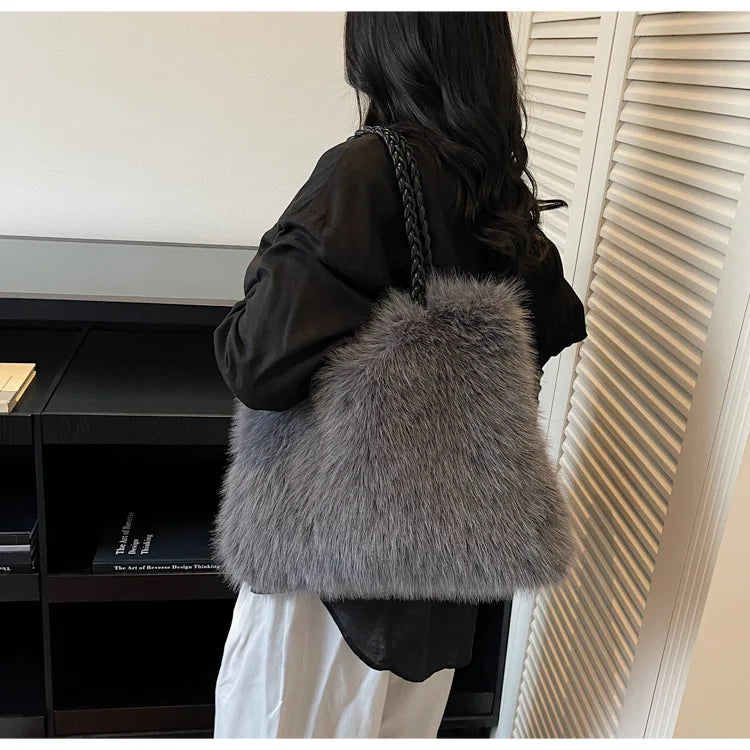 Fashion Women Furry Shoulder Bag Large Capacity Tote Handle Bag for Autumn Winter Outing Commuter Texture Versatile Storage Bags