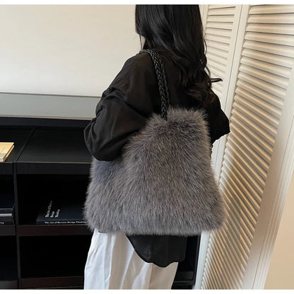 Fashion Women Furry Shoulder Bag Large Capacity Tote Handle Bag for Autumn Winter Outing Commuter Texture Versatile Storage Bags